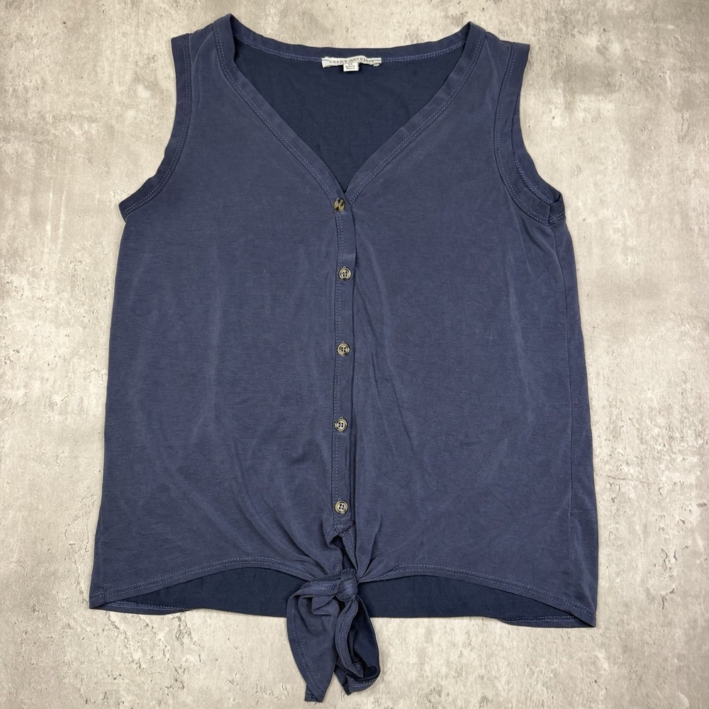 Green Envelope Sleeveless Button-Up Top Tie Front, V-Neck Size XS Navy Blue